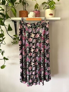 Herstyle Black Floral Midi Skirt with Pink & Purple Flowers
